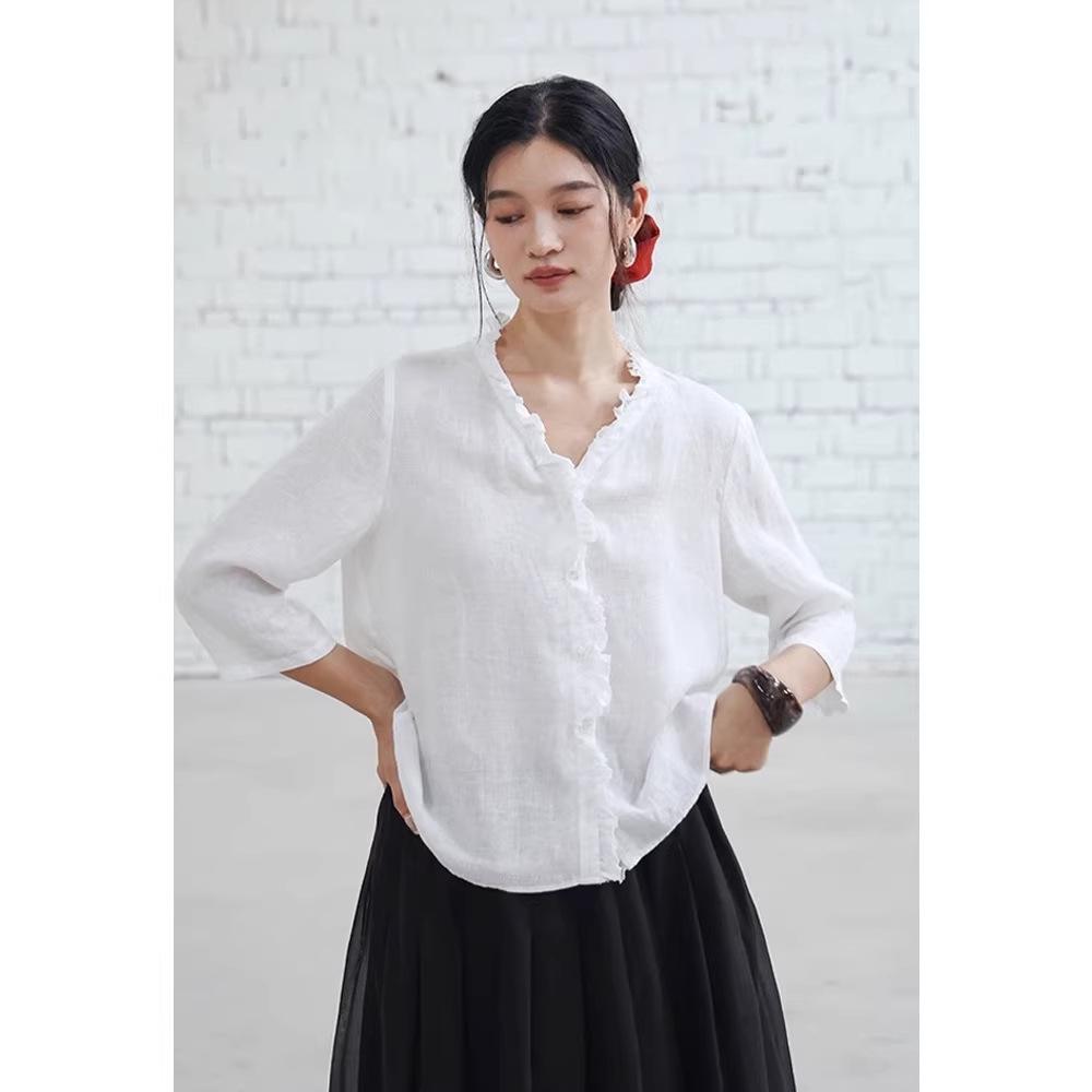 

Si Yuan Wave Ruffle V-Neck Linen Solid Shirt - Early Spring Casual Loose Top Medium білий