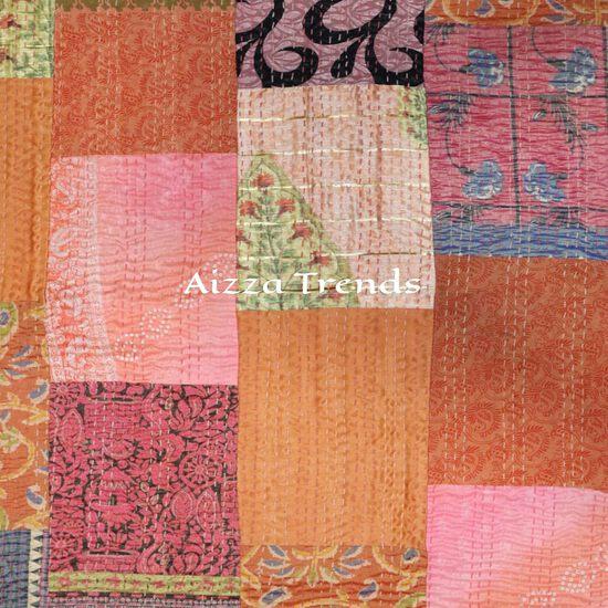 Aizza Trends Cuvertură Kantha din bumbac pur lucrată manual - Pătură decorativă tradițională indiană-Cuvertură vintage din sari de mătase de bumbac