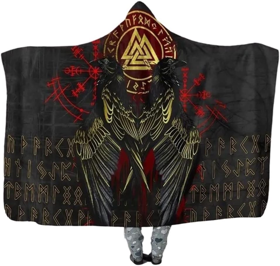 Norse Viking Hooded Blanket Cloak Nordic Myth Odin'S Raven Crow Pattern Hooded Cape Super Soft Cozy Wearable Blanket 3D Print No