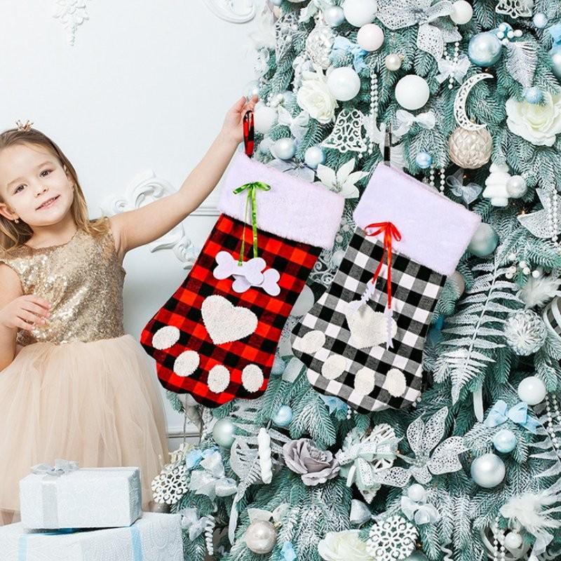 Adorable Red And Black Plaid Dog Paw Christmas Sock Ideal Holiday Gift Bag For Children