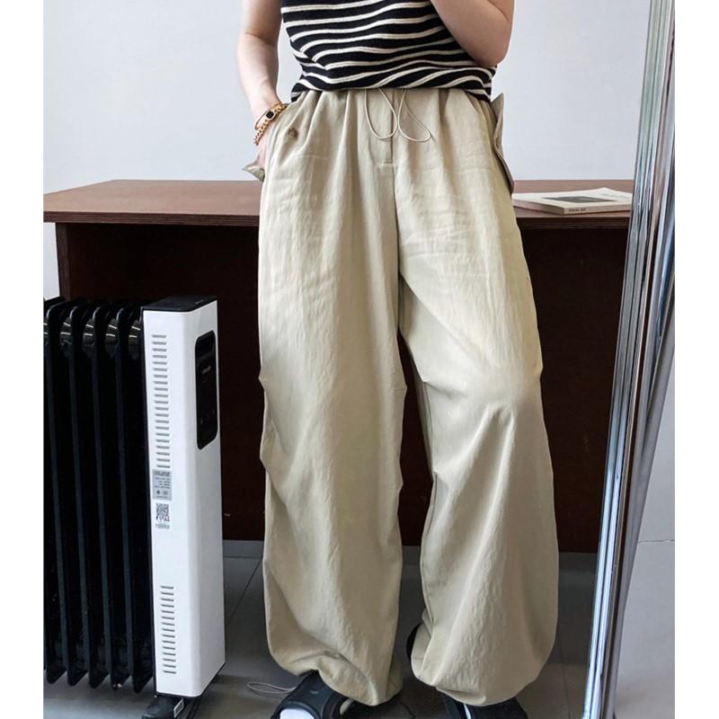Johnature Calças Preguiçosas Japonesas Elástico com Cordão Cintura Alta Soltas Estilo Roupa de Trabalho Calças de Perna Larga Para Mulheres