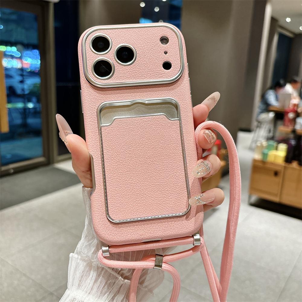 

Leather Soft Card Bag Crossbody Necklace Phone Case For iPhone 17 Air 16 15 14 13 Pro Max Air Solid Color Bumper Cover iPhone 16