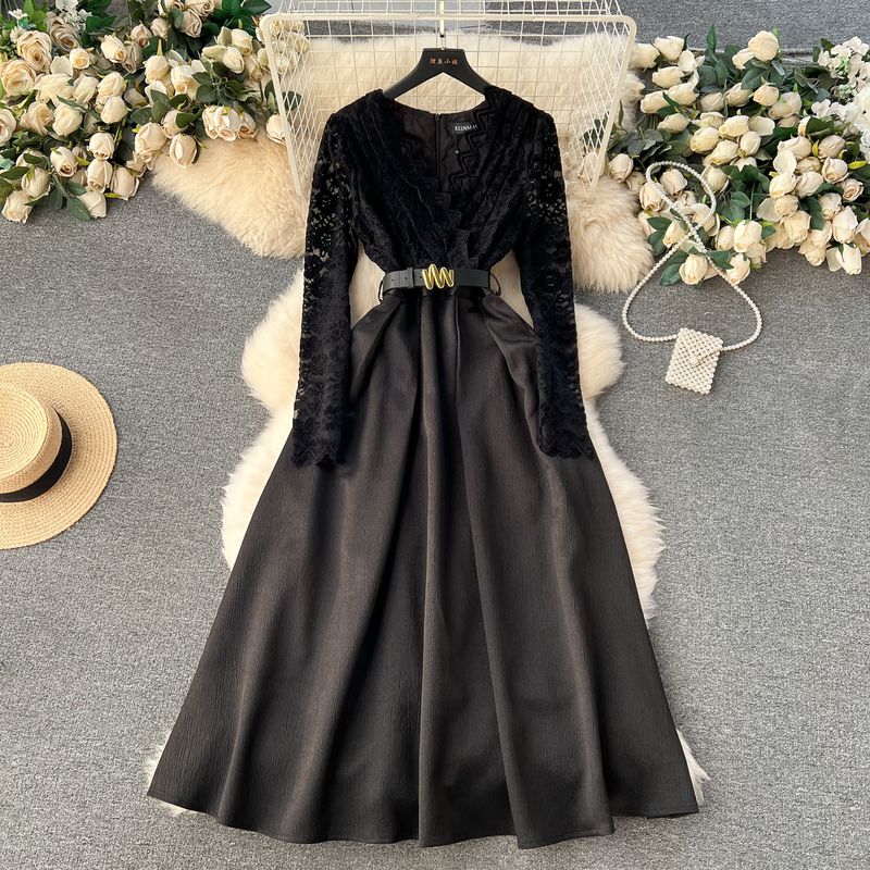 

Scheming Lace Wavy Edge Long Dress Dress Black S