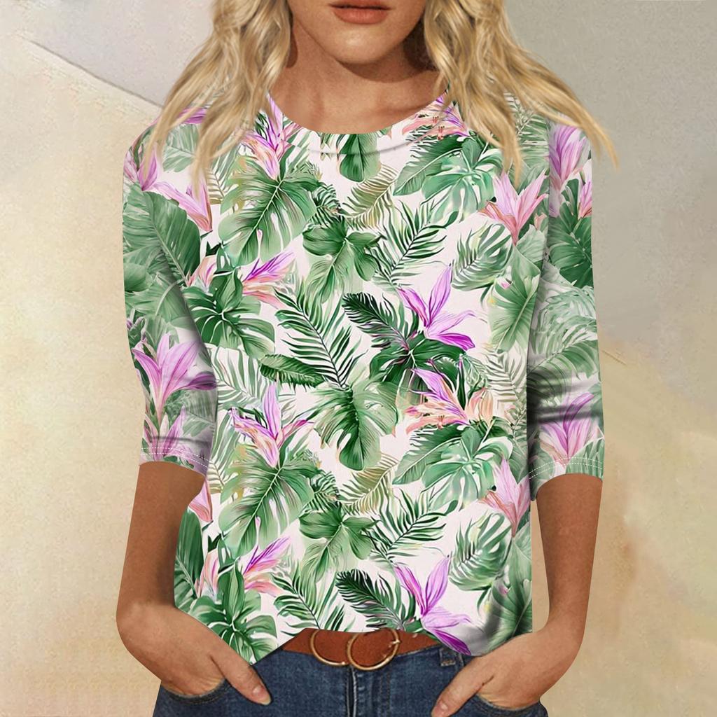 Women's Fashionable Casual Round Neck Three-Quarter Sleeve Printed T-Shirt Top