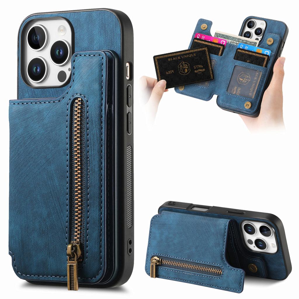 For iPhone 16 Pro Case with Zipper Card Holder Leather+TPU Phone Cover