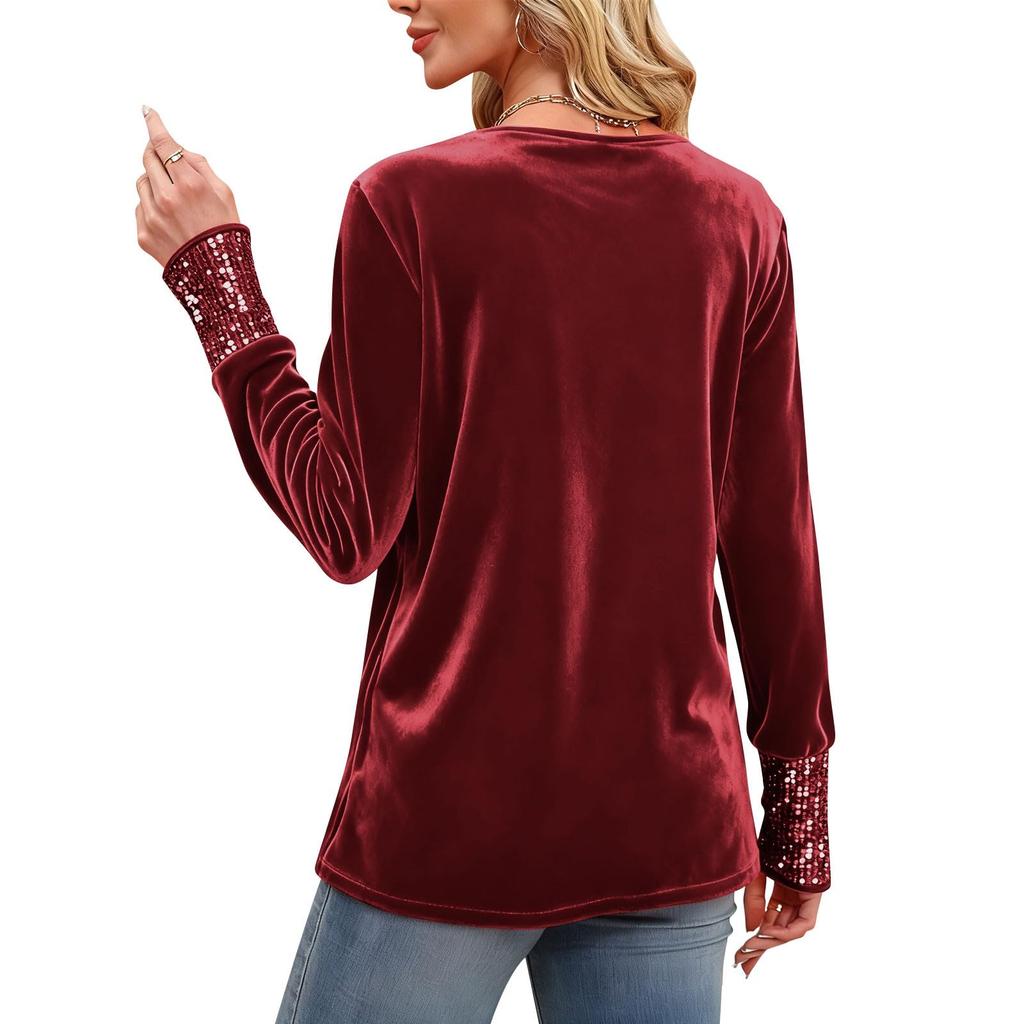 Women's Color Fashionable Casual Gold Velvet Long Sleeved Pullover Top
