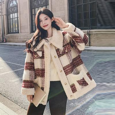 Retro Red Plaid Stitching Lamb Wool Coat Female Western Style Age-reducing Thickening Small Student Cotton Winter