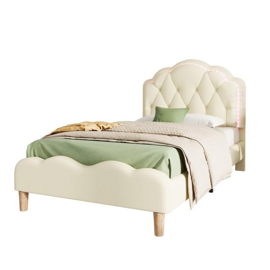 Upholstered Bed Running Light Effect Higher Bed Feet Without Mattress Wavy Headboard Changing LED Strip Sleep Faux Leather Dorm Apartment Single Bed