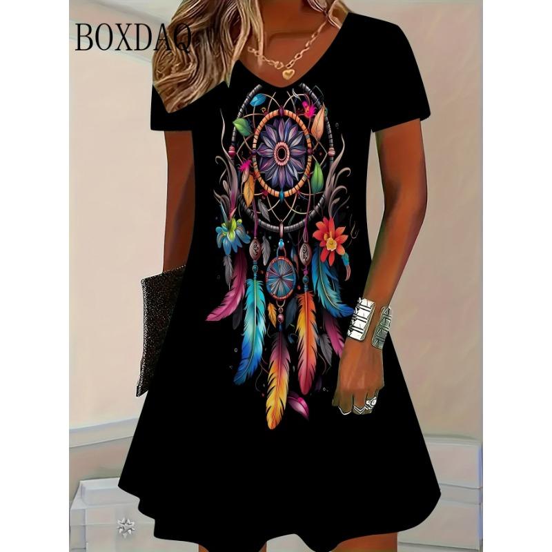 Striped Dresses Summer Elegant Women'S Clothing Fashion V-Neck Flower 3D Print Short Sleeve Dress New Plus Size Loose Dress