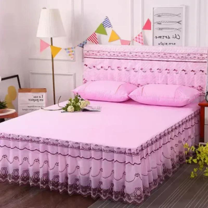 Prinzessinnenstil Bettrock Tagesdecke Einteilig Spitze Bettüberwurf Klein Frisch Rosa Anti-Rutsch und Staubdicht Bettlaken