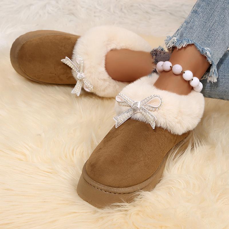 Crystal Bowknot Faux Fur Snow Boots Women Winter Warm Thicken Plush Platform Ankle Boots Woman Non Slip Thick Sole Cotton Shoes