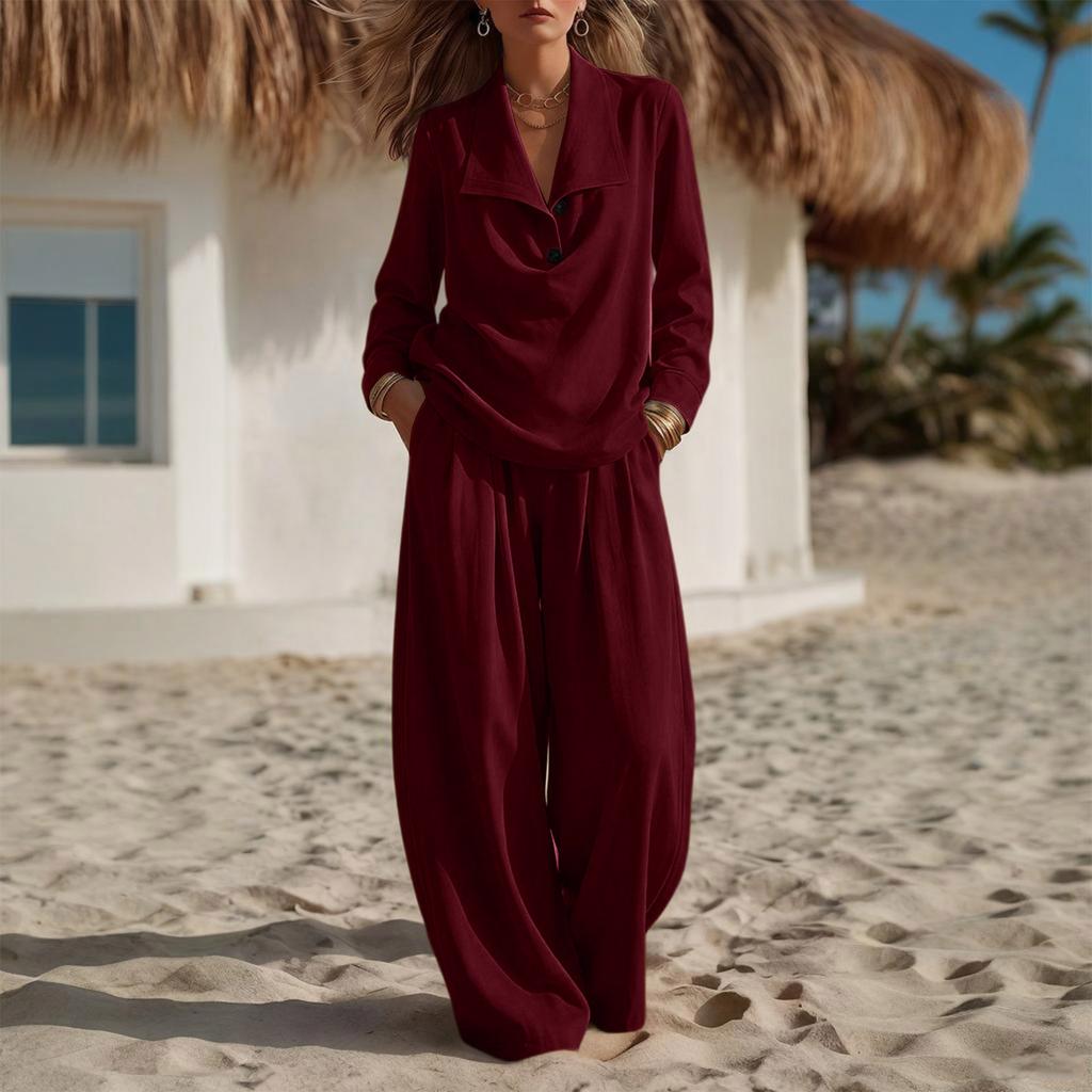 Conjunto de Dos Piezas para Mujer con Top de Manga Larga con Cuello y Pantalones de Pierna Ancha para Uso Casual Diario