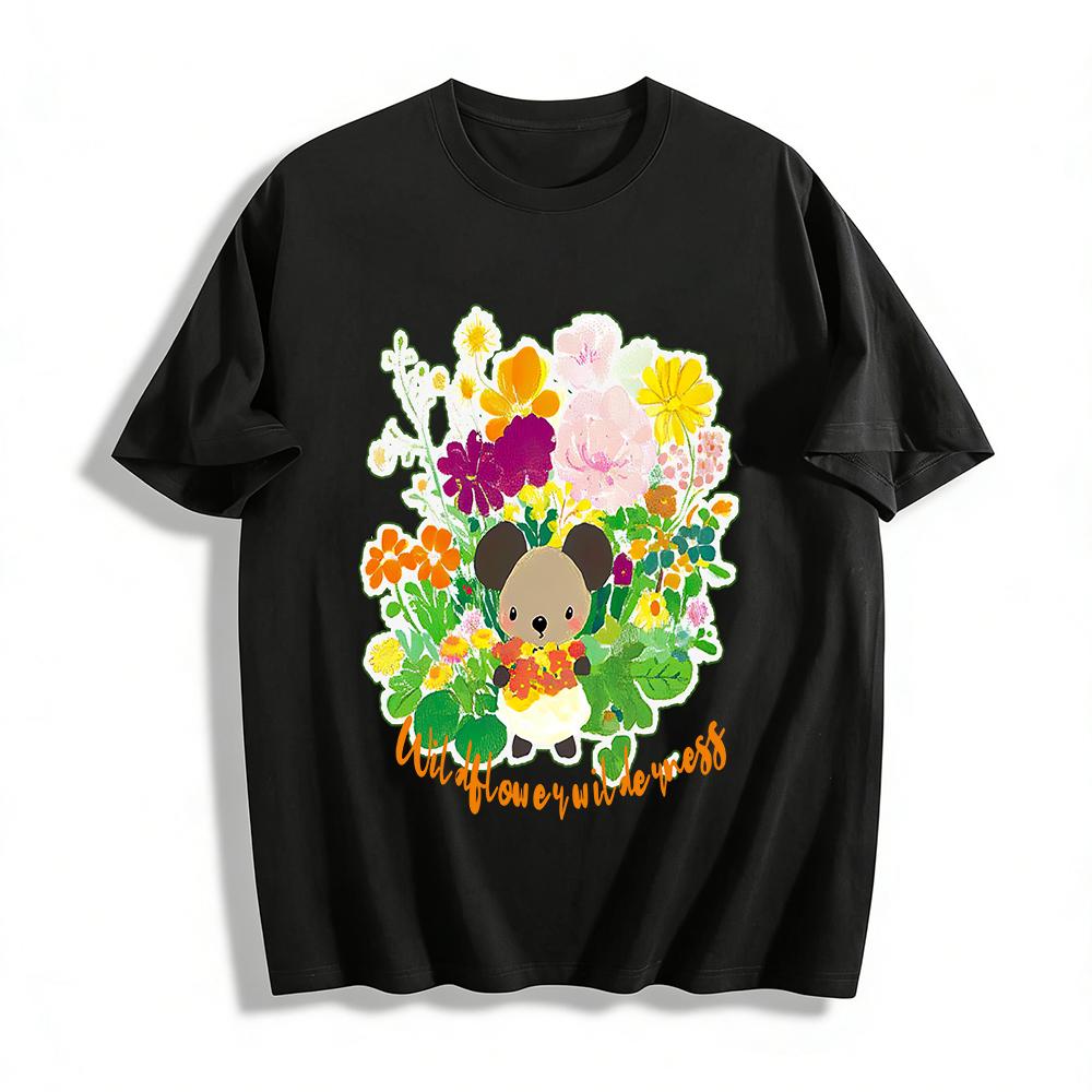 

Cute Wildflower Mouse Print T-shirt Women s Casual Loose Crew Neck Literary Wild Style Daily Top Pure cotton T-shirt XXS