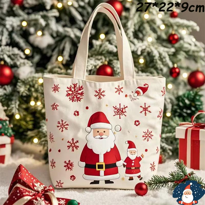 Happy New Year Christmas Gift Bags Cartoon Santa Claus Elk Christmas Tree Tote Canvas Bag Large Capacity Holiday Shopping Bag