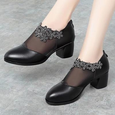 5cm Übergröße 35-42 Atmungsaktive Bequeme Mesh Strass Schuhe Damen Pumps Sommer 2025 Mittlere Blockabsätze Echte Lederschuhe