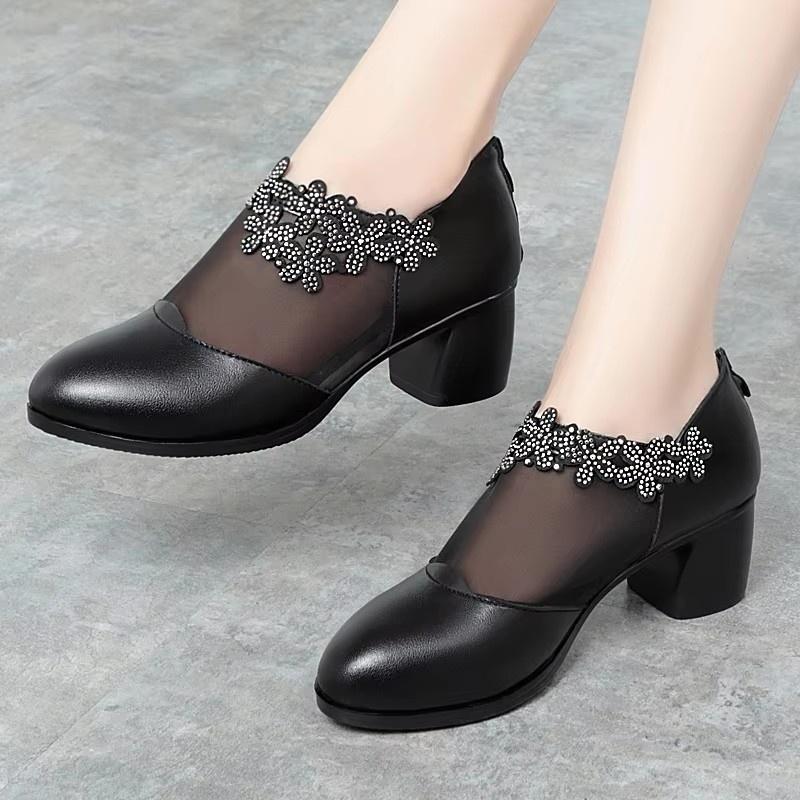 5cm Plus Size 35-42 Breathable Comfortable Mesh Rhienstone Shoes Women Pumps Summer 2025 Med Block Heels Gneuine Leather Shoes