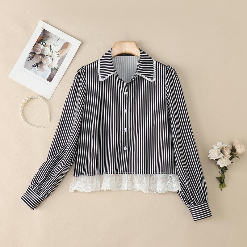 ZANZEA Kobiety Casualowy Kołnierzyk z Wykładanym Kołnierzykiem Długi Rękaw Koronkowa Wstawka Paski Bluzka