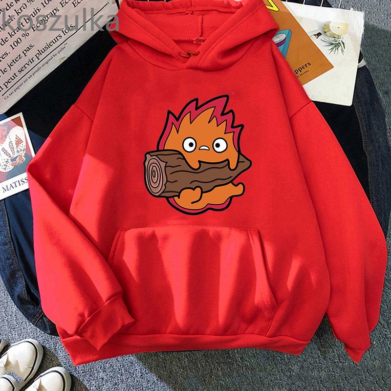 Howl's Moving Castle Calcifer Hettegensere Løs Fleece Hettegenser Tegneserie Calcifer Vintage Pullovers Gensere Vinter Dame Streetwear