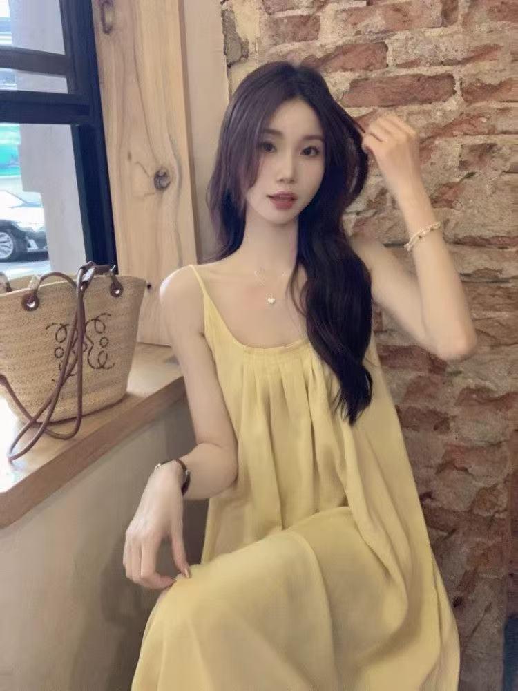 French Seaside Yellow Strappy Women's Long Summer Dress - Casual Beach Fairy Style