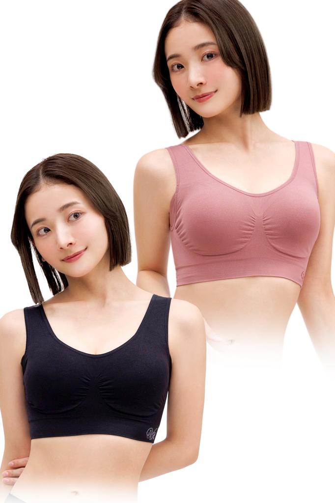 VIAGE Beauty Up Night Set 6 Sizes High Side Compression Back No Constriction Bra, 2-Piece (Black/Plum Pink, L), Available, Design, Wireless, Design,