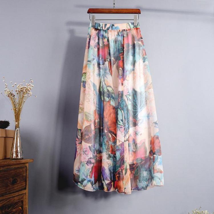 Bohemian Long Skirt Summer Retro Beach Skirt European and American New Style Printed Chiffon Skirt