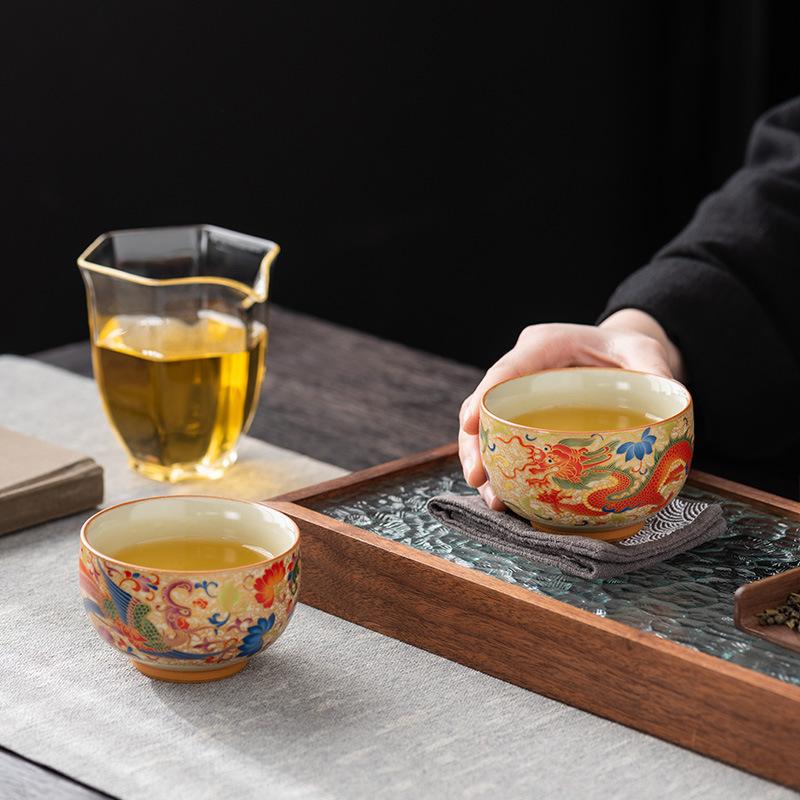 Set de cești Dragon și Phoenix, ceașcă unică cu glazură Ru, ceașcă de ceai de înaltă calitate pentru proprietar, poate hrăni ceștile de ceai, suvenir de lux ușor comemorativ pentru nuntă