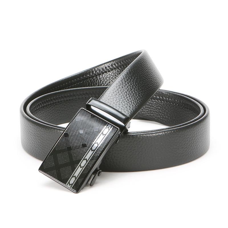 Men'S Automatic Buckle Iron Buckle Hemming Lychee Pattern Black Belt Middle-Aged And Young Business Belt