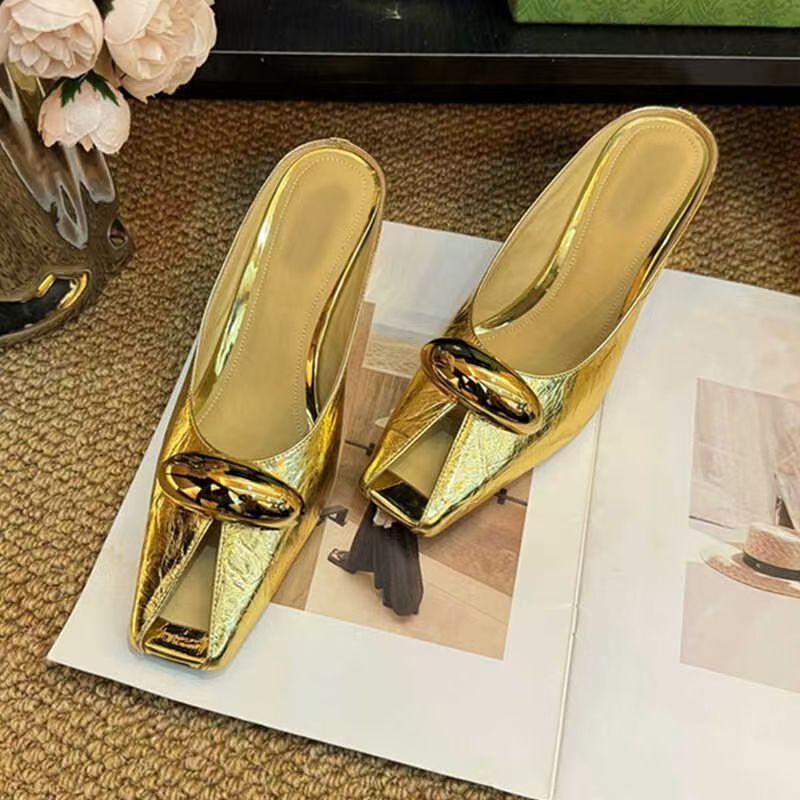 Slippers Women's Spring and Summer 2025 New French Celebrity Metal Buckle Fish Mouth Square Head Sexy Sandals Wear High Heels