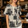 Damen Kurzarm Baumwoll-Leinenhemd mit Modischem Print Henley Knopfleiste und Brusttasche Lockerer Schnitt Lässiges Oberteil
