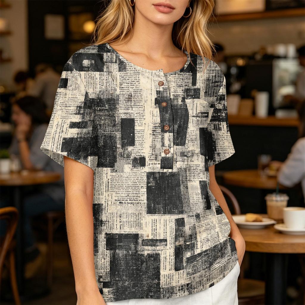 Damen Kurzarm Baumwoll-Leinenhemd mit Modischem Print Henley Knopfleiste und Brusttasche Lockerer Schnitt Lässiges Oberteil