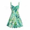 Women Plus Size Square Neck Strappy Open Shoulder Sleeveless Dress Green Blue Floral Printed Flared Hem
