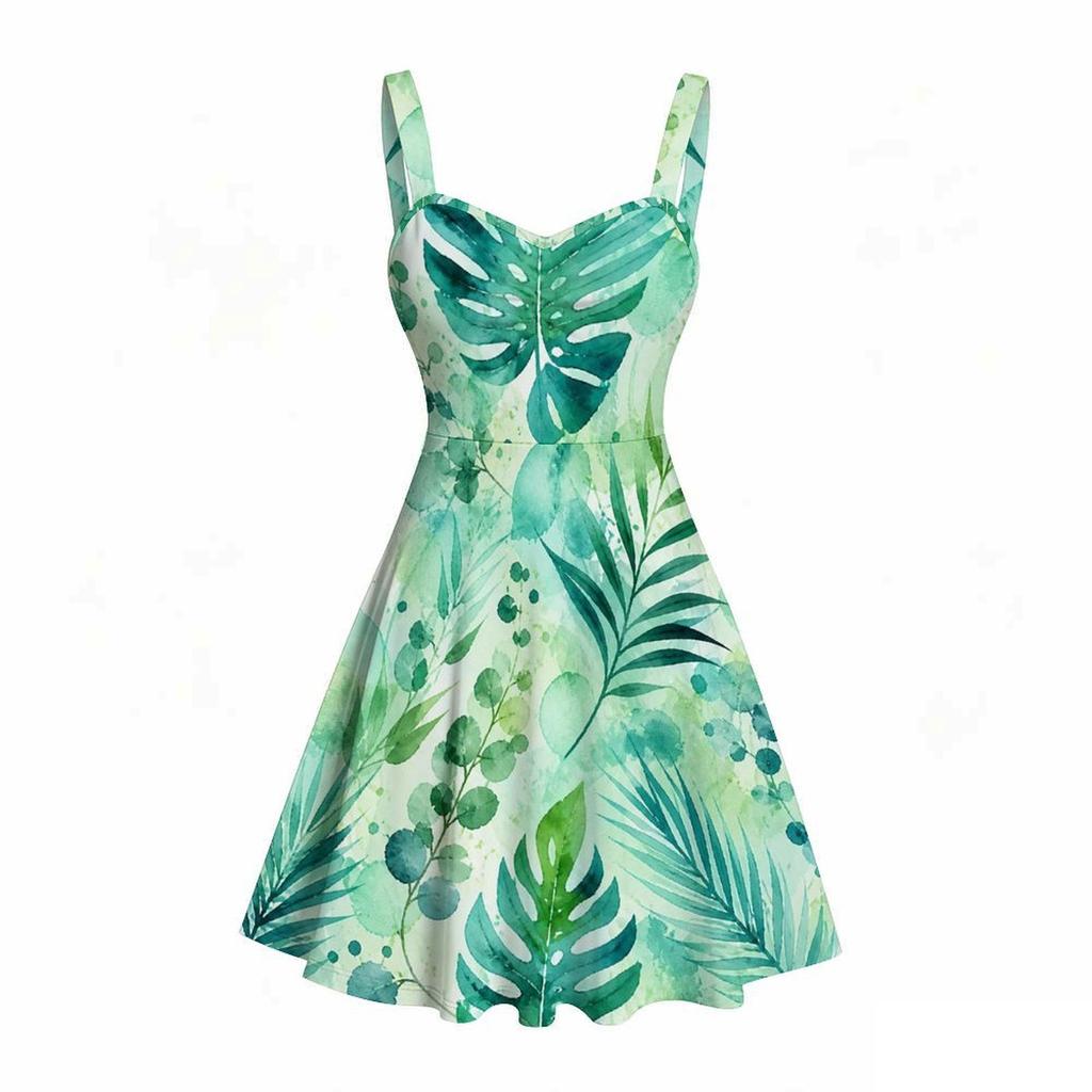 Women Plus Size Square Neck Strappy Open Shoulder Sleeveless Dress Green Blue Floral Printed Flared Hem