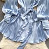 V Neck Puff Sleeve Satin Lace-up Solid Color Dresses for Women French Chic Pleated Dress Spring Women Dresses