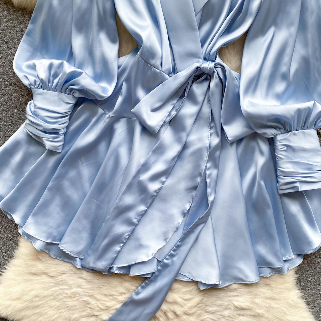 V Neck Puff Sleeve Satin Lace-up Solid Color Dresses for Women French Chic Pleated Dress Spring Women Dresses