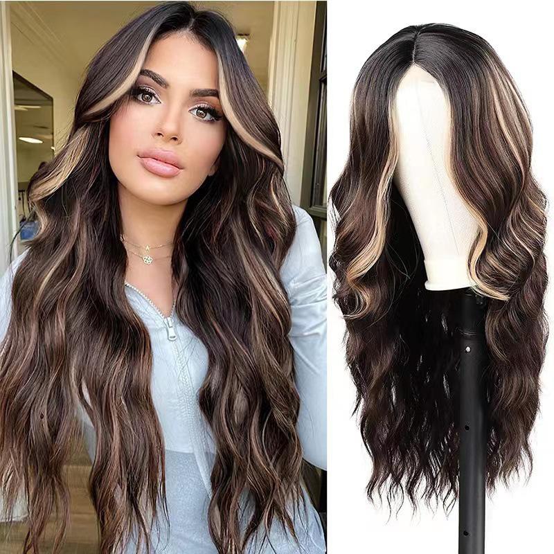 European and American Style Women’s Lace Front Synthetic Wig Middle Part Long Curly Wig with Highlights