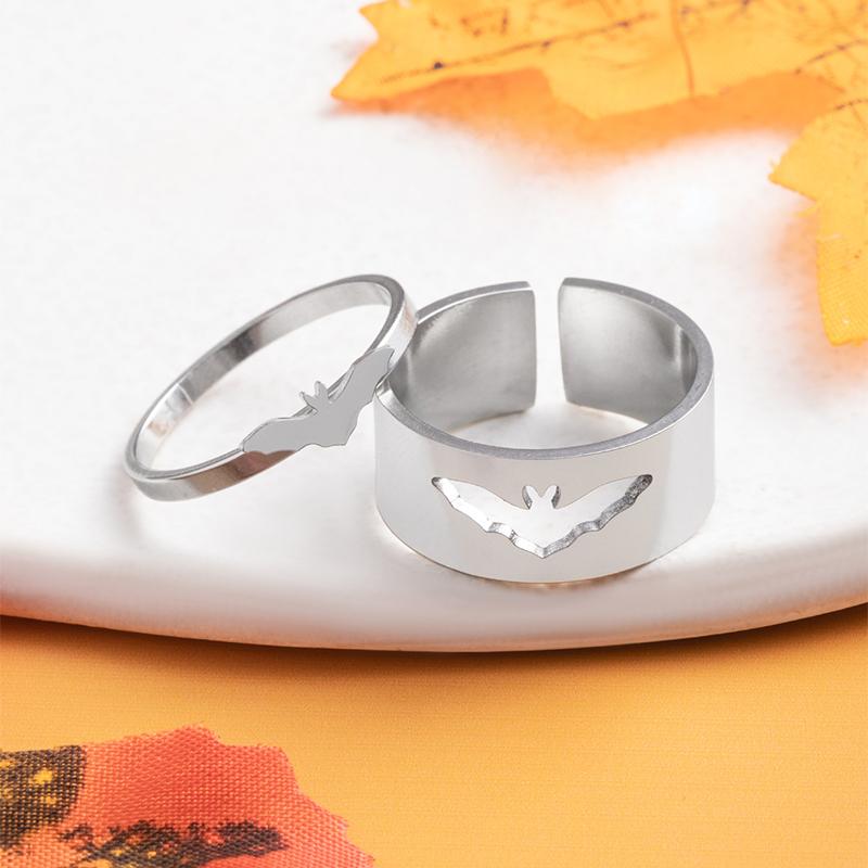 2 Pcs/Set Punk Bat Matching Rings Black Silver Plated Stainless Steel Couple Ring Halloween Jewelry Gifts