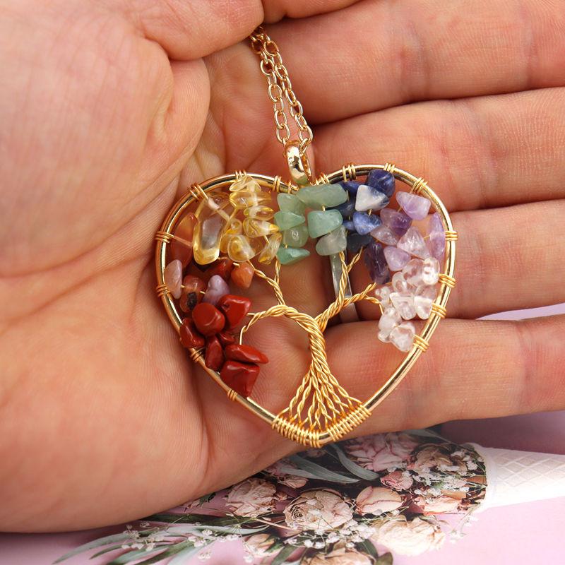 Color-Preserving Gold Hand-Wound Crystal Gravel Peach Heart Tree Of Life Necklace Heart-Shaped Pendant N55