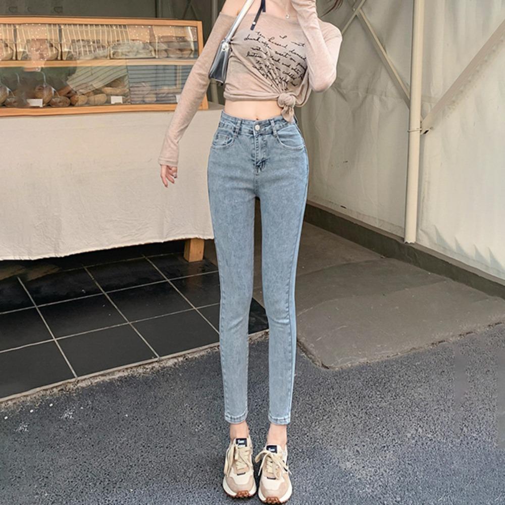 

Personalized Casual High-waisted Elastic Slim-fitting Jeans Women s Autumn and Winter New Thin and High Small-footed Jeans 32 світло-синій колір