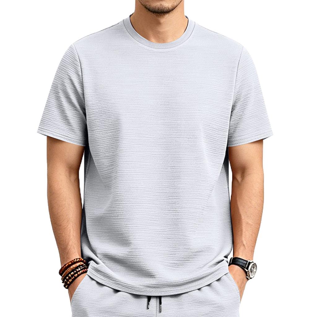 Men American Style Loose Elastic Textured Solid Basic Round Neck Short Sleeve Casual T Shirt