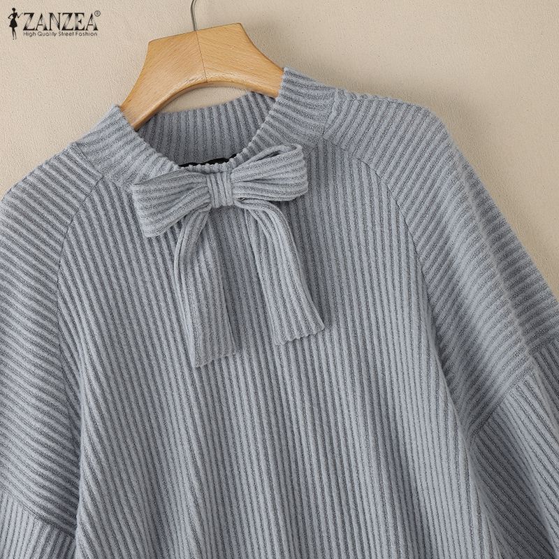 ZANZEA Autumn Women Bows Splice Crew Neck Long Sleeve Ribbed Texture Loose Blouse