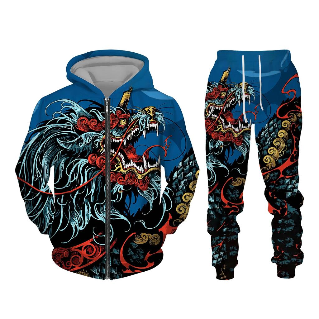 Autumn 3D Oriental Dragon God Printed Herre Hette Genser Set Mannlig Japansk Samurai Tatovering Glidelås 3d Treningsdress Herreklær Dress