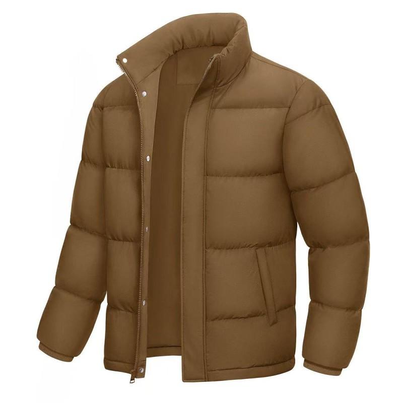 Mens Solid Thick Cotton Puffer Coat Winter Warm Casual Stand Collar Jacket
