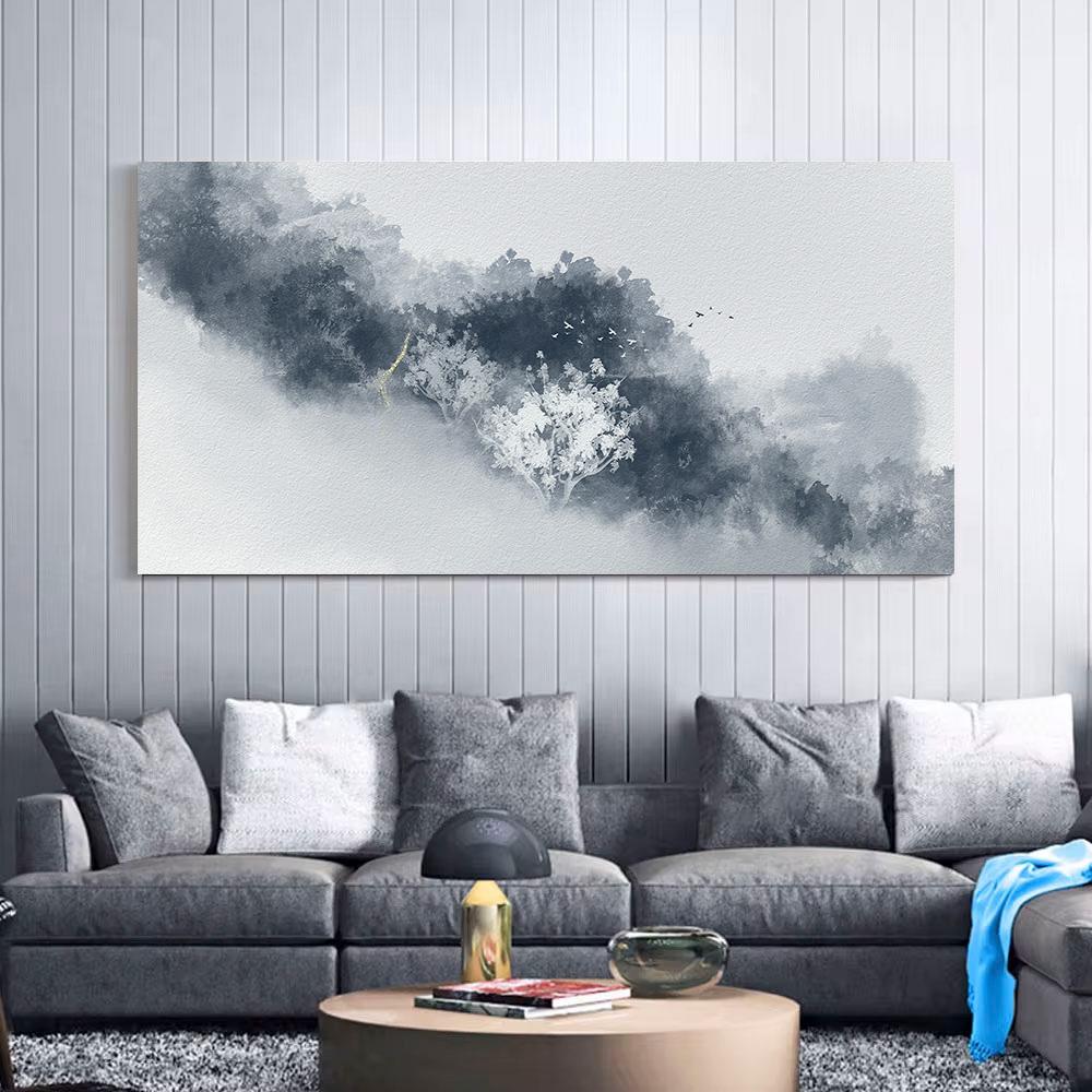 Black And White Tree Painting Fog Forest Mountain Canvas Art Poster Natural Landscape Print Wall Pictures Home Decor