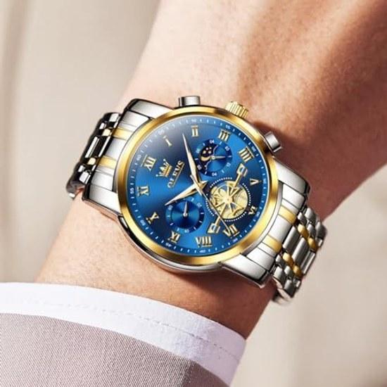 OLEVS Wristwatch Mens Stylish Chronograph Watch Business Popular Brand Large Easy-to-read Analog Waterproof Quartz Blue