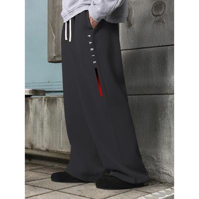 Men's Street Wear, Paris Vertical Striped Printed Wide Leg Pants, Casual Pants with Elastic Drawstring At the Waist, Loose Fit Suitable for Vacation