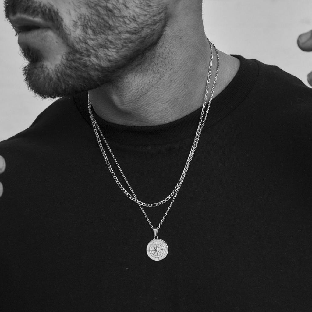 Vnox Compass Necklaces for Men, Layering Stacked Cuban Figaro Chain Necklaces, Casual Sailing Holiday Stainless Steel Boy Collar