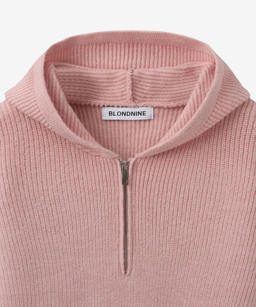 BLOND9 Hooded Rib Knit Half Zip_Light Pink