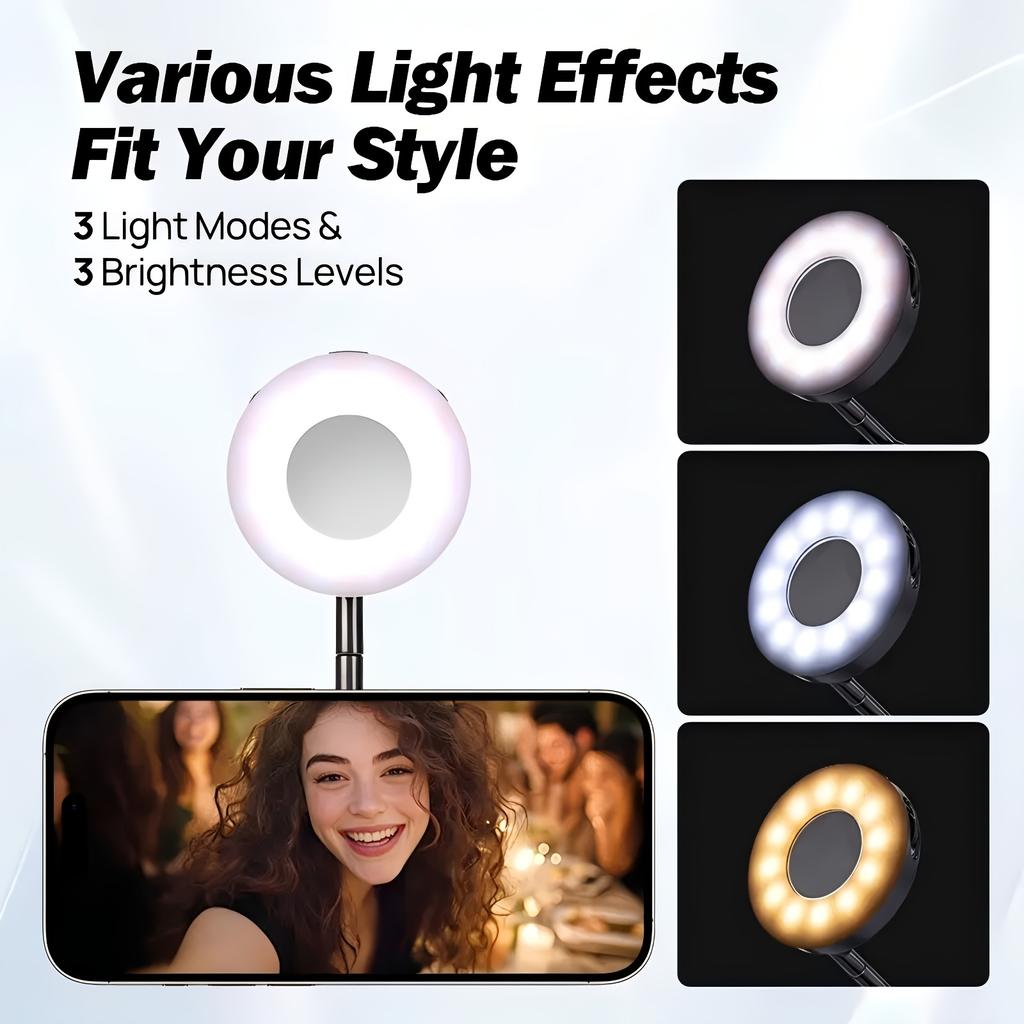 Magnetic Selfie Light, iPhone MagSafe-Compatible Phone Light. 360° LED Selfie Ring Fill Light with Foldable Stand and Mirror