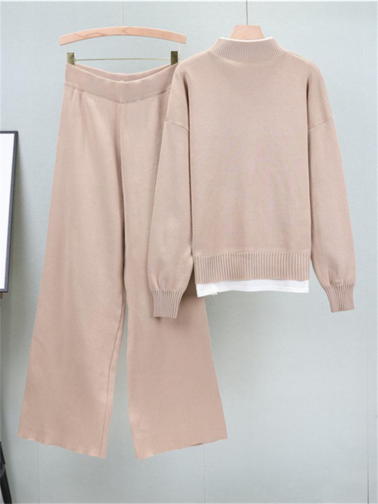 Female Autumn Loose Small Fragrant Style Fake Two-Piece Sweater Set Knitted Wide Leg Pants Two Piece Set