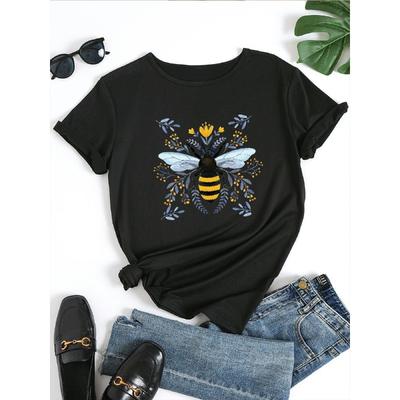 Women Black White Bee Floral Print T-Shirt Short Sleeve Vibrant Beehive Design All-Season Casual Animal Pattern Summer Top